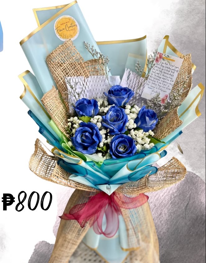 6 dark blue roses w/ BURLAP